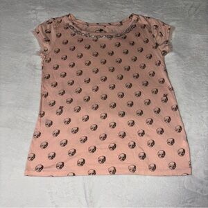 Princess Vera Wang Jeweled Neck Pink Skull Polka Dot Tee Women’s Size Large
